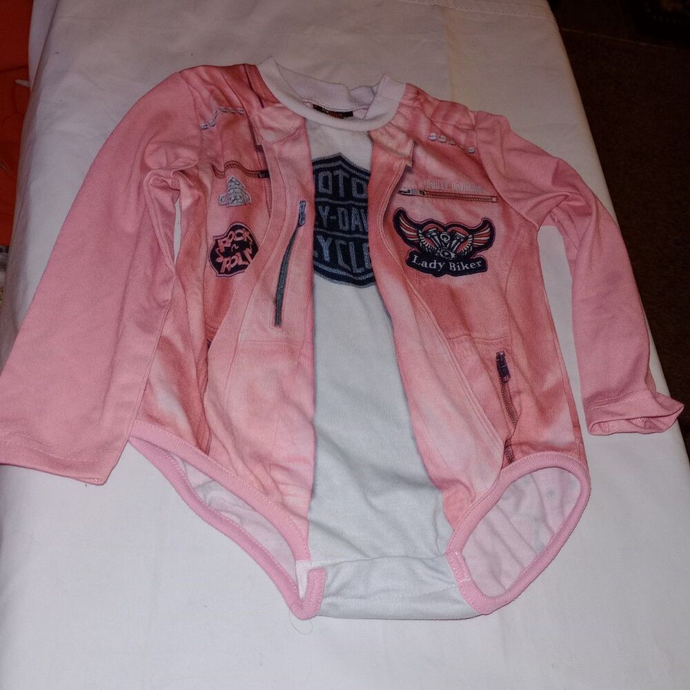 Harley Davidson Baby Girl Outfit Lady Biker Print One Piece Pink 12 Months